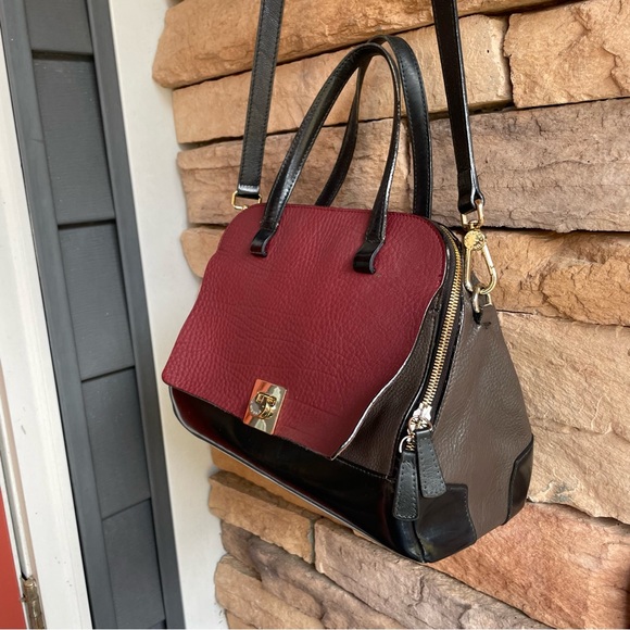 Furla red brown black leather full zip satchel crossbody handbag EUC - Picture 12 of 15